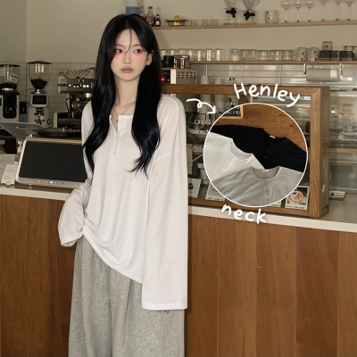 ヘンリーネックオーバーサイズ長袖Tシャツ｜長袖Tシャツ｜韓国
