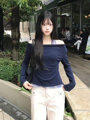 チェックオフショルダーホルターTシャツ