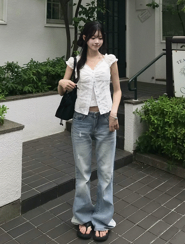 レースレイヤードデニムパンツ