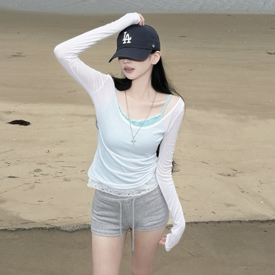 시스루 딥브이넥 슬림핏 여름 긴팔티셔츠 장마룩 햇빛차단 휴양지 바닷가룩 커버업