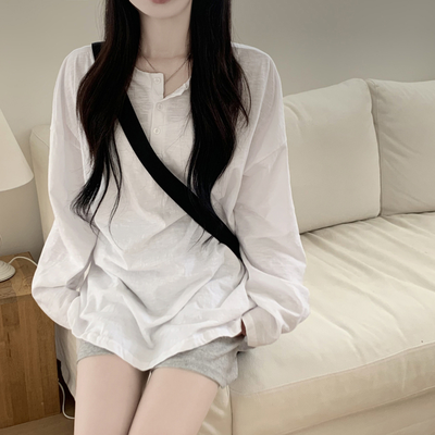 슬라브 헨리넥 시스루 라운드 버튼 단추티셔츠 빅사이즈 여름긴팔티 장마룩 햇빛차단 살안타템