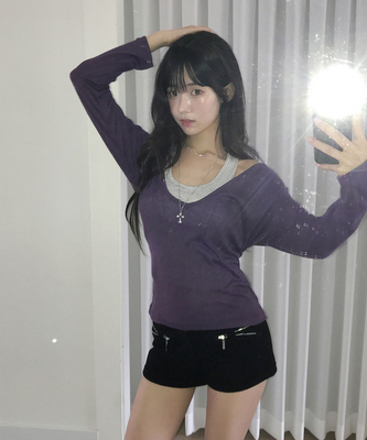 슬러 딥브이넥 레이어드 시스루 긴팔 티셔츠