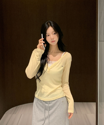 리픈 버튼골지 브이 시스루 긴팔티셔츠 8color