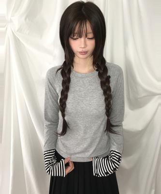 アシメボタンボーダースリム長袖Tシャツ