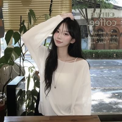 シースルーボートネックオフショル長袖ニットTシャツ(6color)