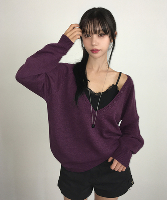 ルーズフィットディープVネックボタンニット(5color)