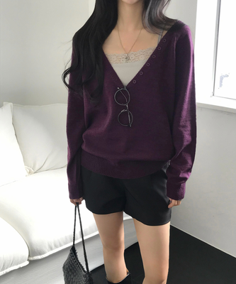 벨라 버튼단추 딥브이넥 루즈핏 레이어드 니트 5color