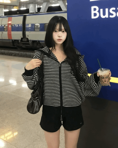 스트라이프 니트 후드집업