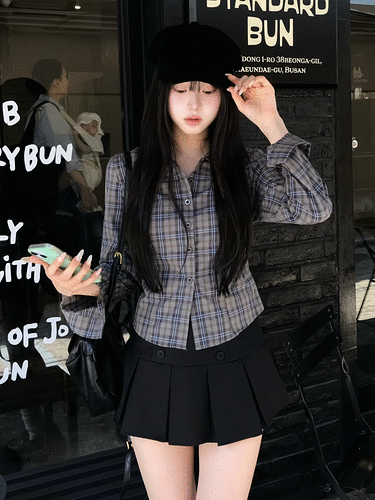 크롭 슬림 체크 셔츠