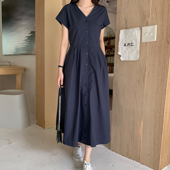 Sona Vネックボタンロングワンピース 10代 代女性ファッション韓国通販