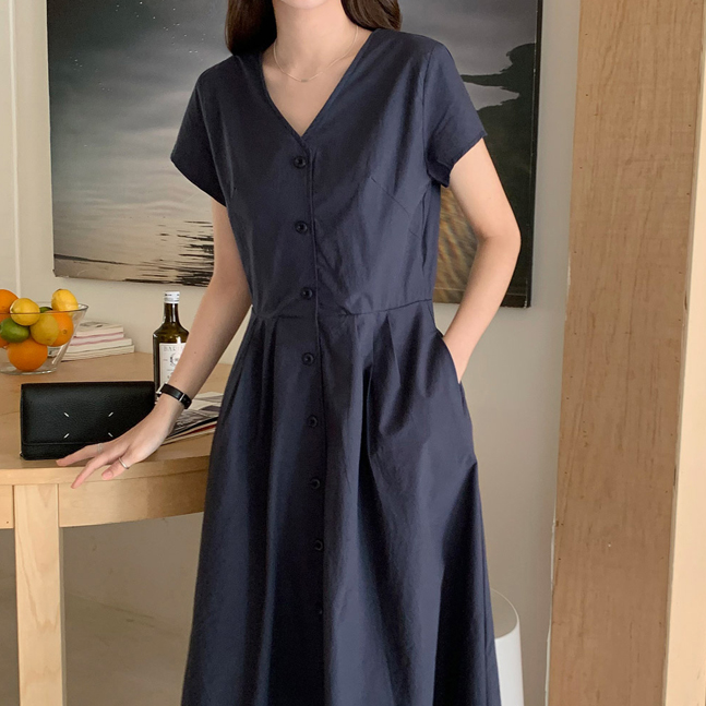 Sona Vネックボタンロングワンピース 10代 代女性ファッション韓国通販