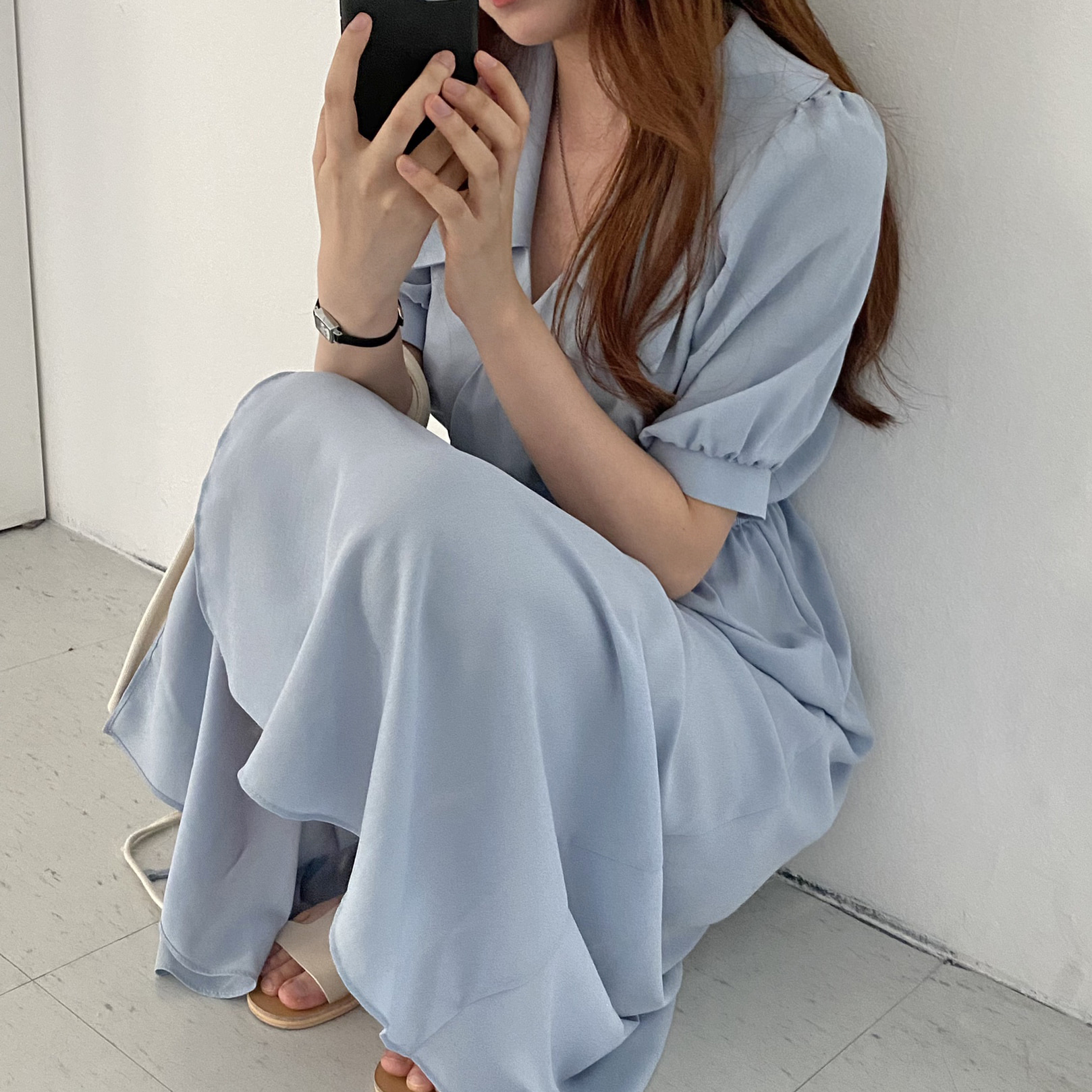 Sona パフ半袖ロングワンピース 10代 代女性ファッション韓国通販