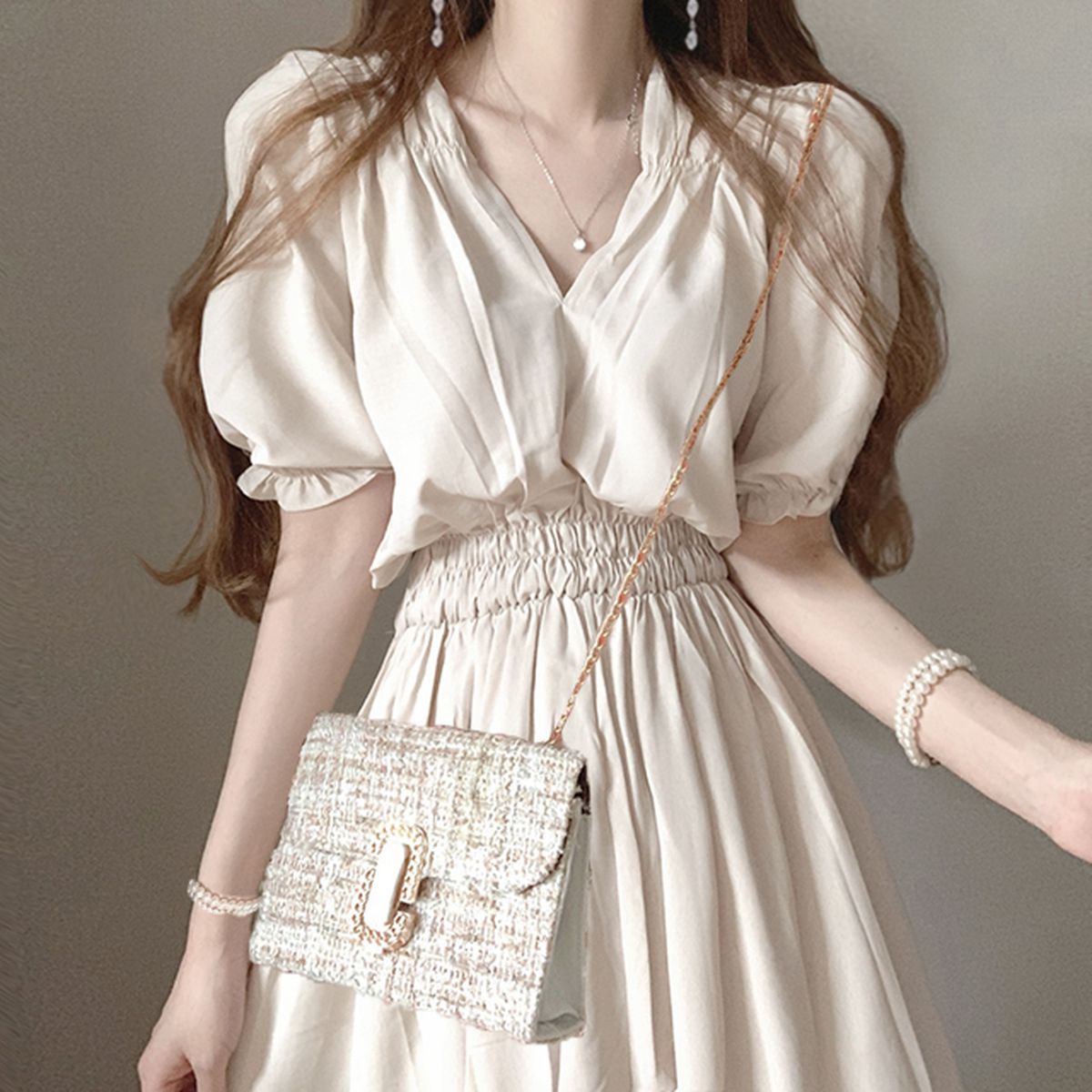 Sona フリルパフバルーン半袖バンディングロングワンピース 10代 代女性ファッション韓国通販