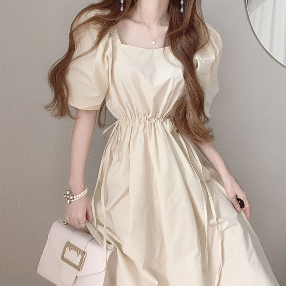 Sona バルーン半袖リボンシャーリングワンピース 10代 代女性ファッション韓国通販