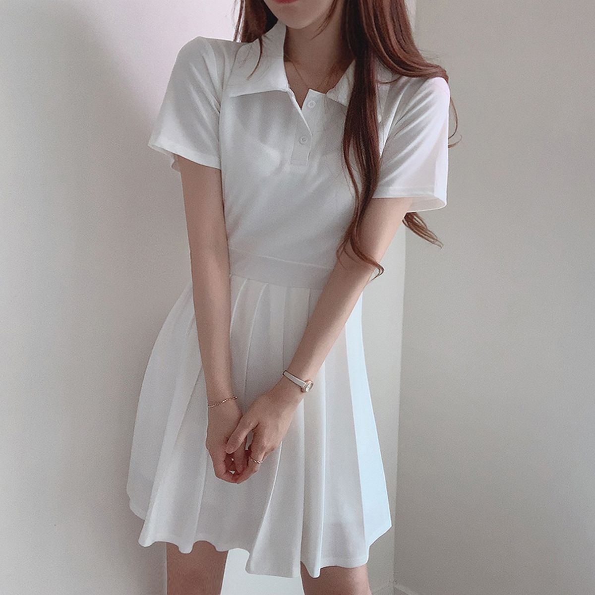 Sona カラープリーツ半袖ワンピース 10代 代女性ファッション韓国通販