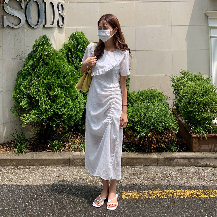 Sona サイドシャーリング半袖ロングワンピース 10代 代女性ファッション韓国通販