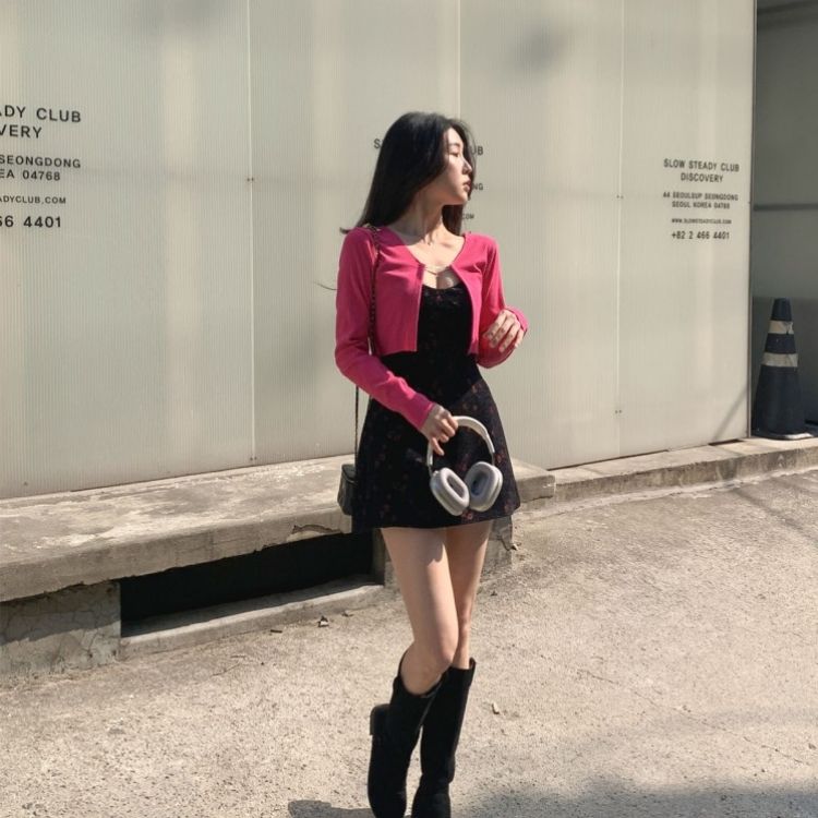 【SET】フラワー刺繍ビスチェワンピース チェーンカーディガン INDIE PINK-CARDIGAN