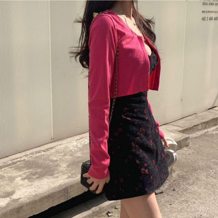 【SET】フラワー刺繍ビスチェワンピース チェーンカーディガン INDIE PINK-CARDIGAN