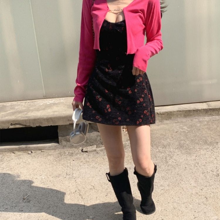 【SET】フラワー刺繍ビスチェワンピース チェーンカーディガン INDIE PINK-CARDIGAN