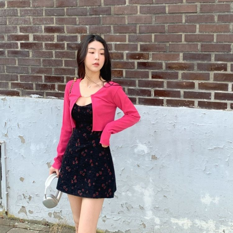 【SET】フラワー刺繍ビスチェワンピース チェーンカーディガン INDIE PINK-CARDIGAN