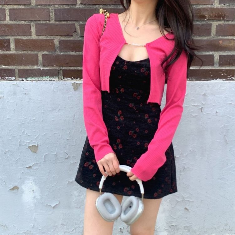 【SET】フラワー刺繍ビスチェワンピース チェーンカーディガン INDIE PINK-CARDIGAN