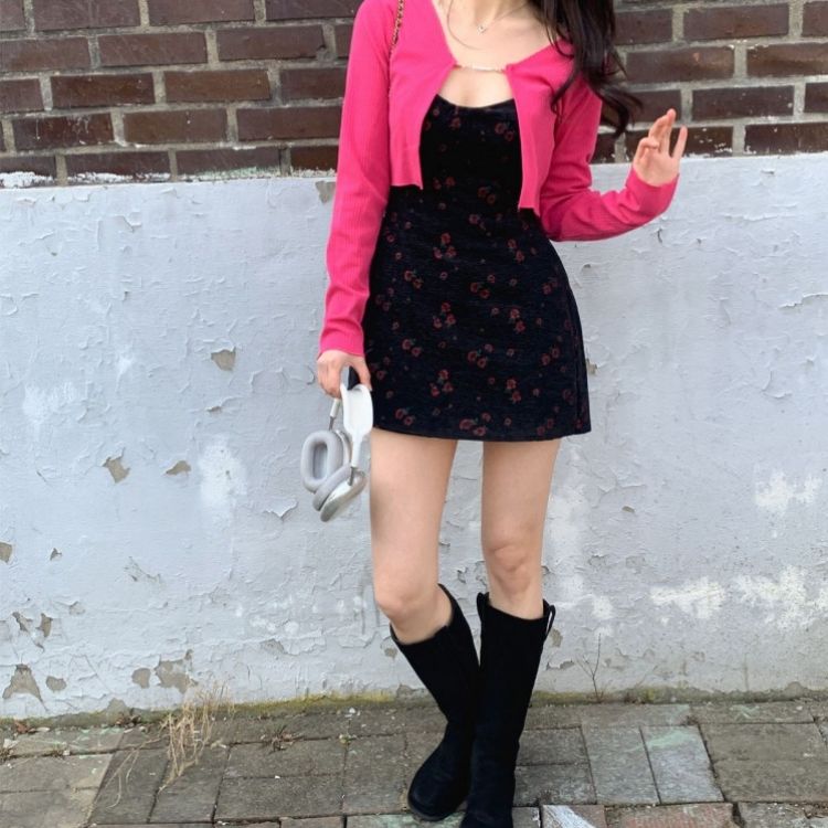 【SET】フラワー刺繍ビスチェワンピース チェーンカーディガン INDIE PINK-CARDIGAN