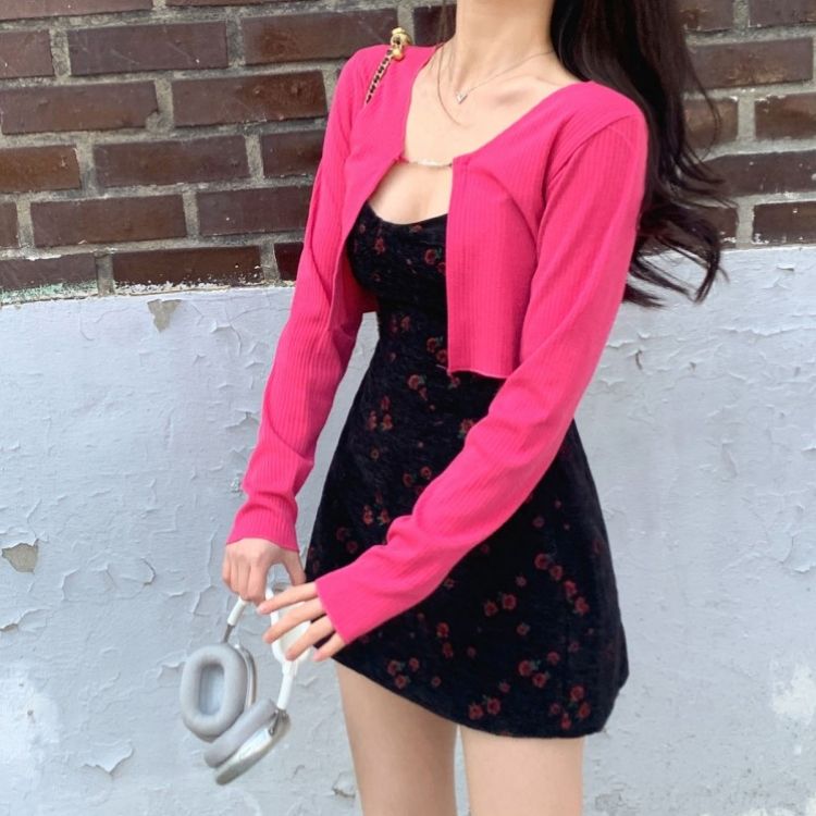 【SET】フラワー刺繍ビスチェワンピース チェーンカーディガン INDIE PINK-CARDIGAN