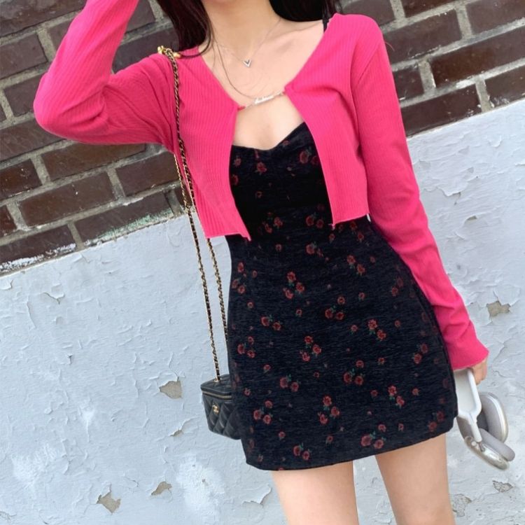 【SET】フラワー刺繍ビスチェワンピース チェーンカーディガン INDIE PINK-CARDIGAN