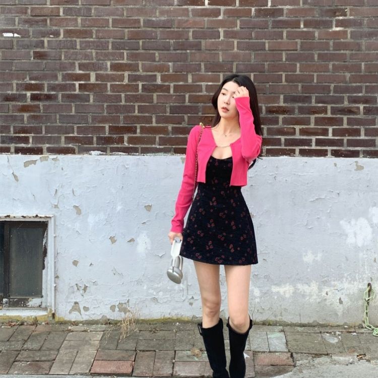 【SET】フラワー刺繍ビスチェワンピース チェーンカーディガン INDIE PINK-CARDIGAN