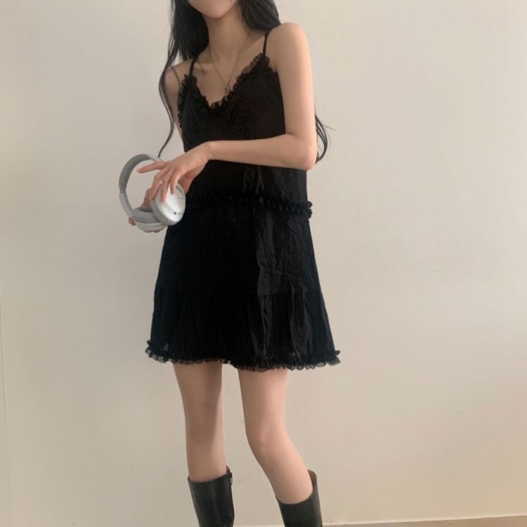 フリルシフォンミニワンピース レースキャミソールフリルシフォンミニワンピース｜ミニワンピース
