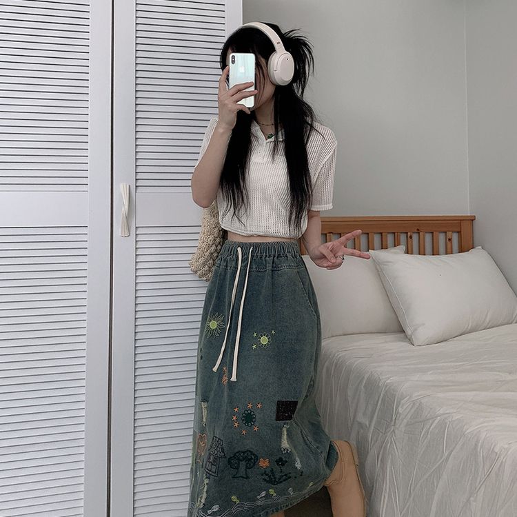 バンディング刺繍ワイドデニムロングスカート｜ミディ/ロング