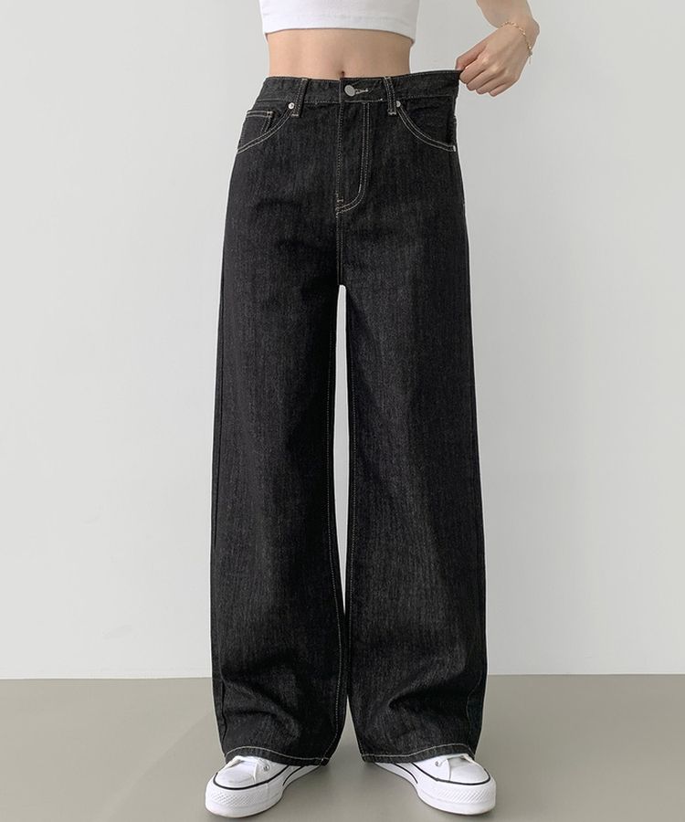 2XL4계절 논페이드 생지 뒷밴딩 와이드핏 데님팬츠 블랙
