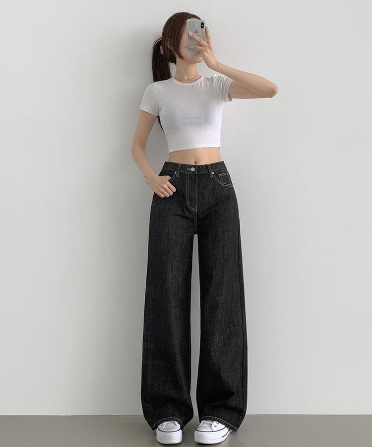 2XL4계절 논페이드 생지 뒷밴딩 와이드핏 데님팬츠 블랙