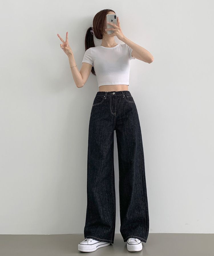 2XL4계절 논페이드 생지 뒷밴딩 와이드핏 데님팬츠 블루