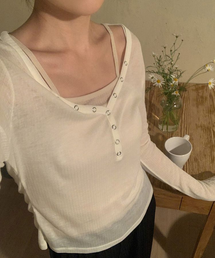 シースルーボタンリブ長袖Tシャツ IVORY