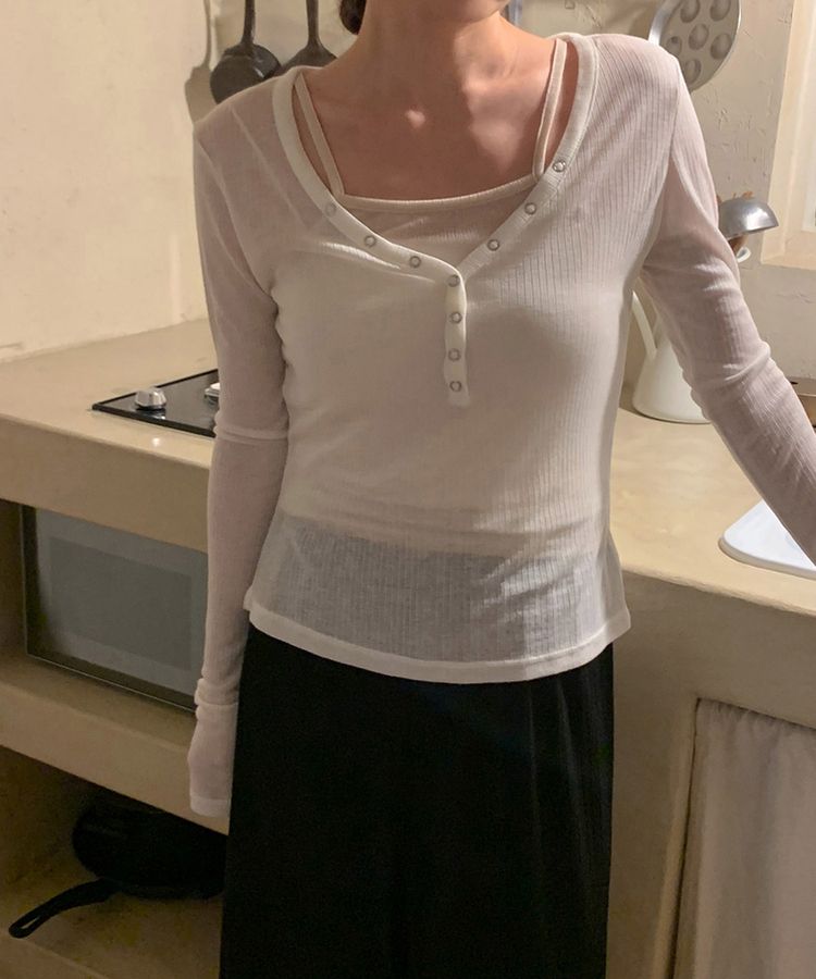 シースルーボタンリブ長袖Tシャツ IVORY