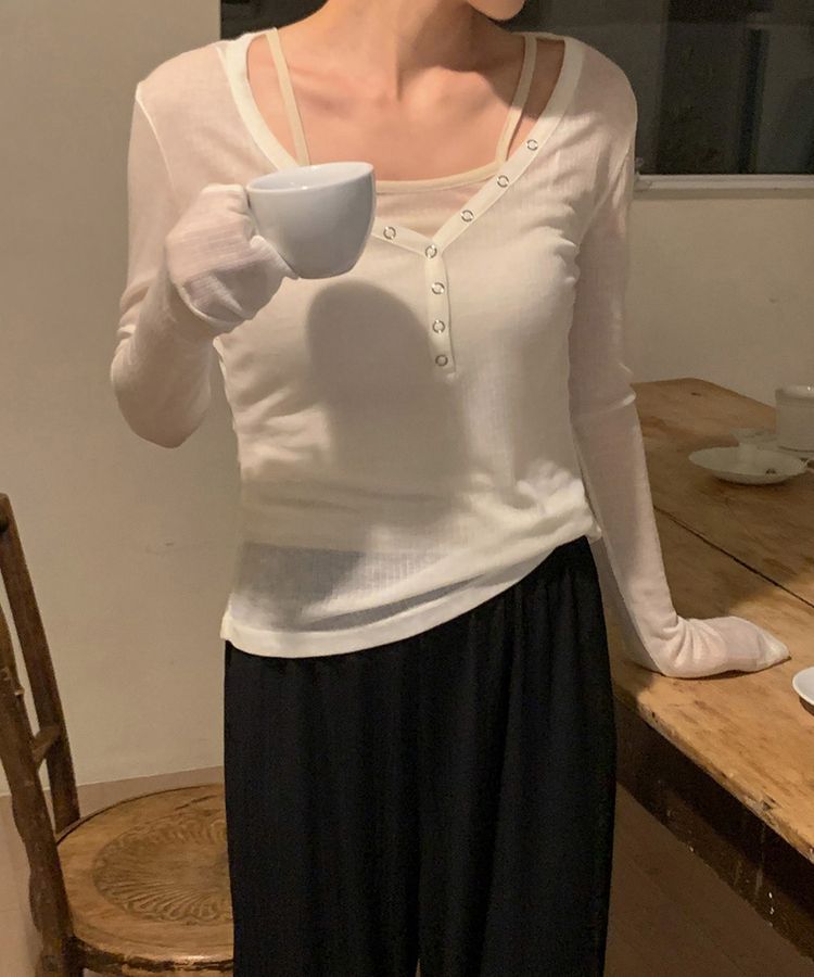 シースルーボタンリブ長袖Tシャツ IVORY