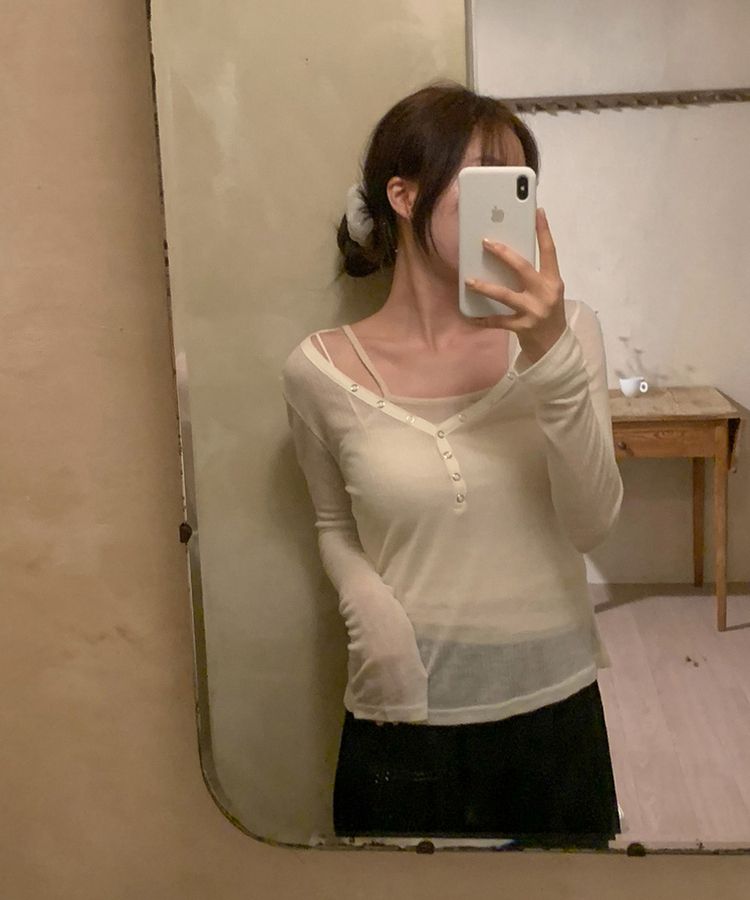 シースルーボタンリブ長袖Tシャツ IVORY