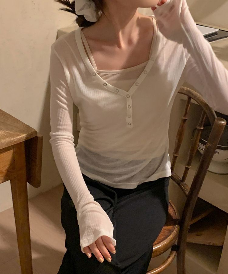 シースルーボタンリブ長袖Tシャツ IVORY