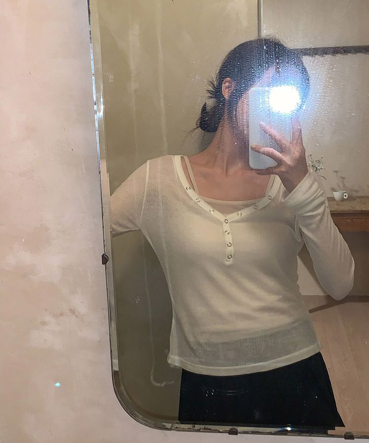 シースルーボタンリブ長袖Tシャツ IVORY