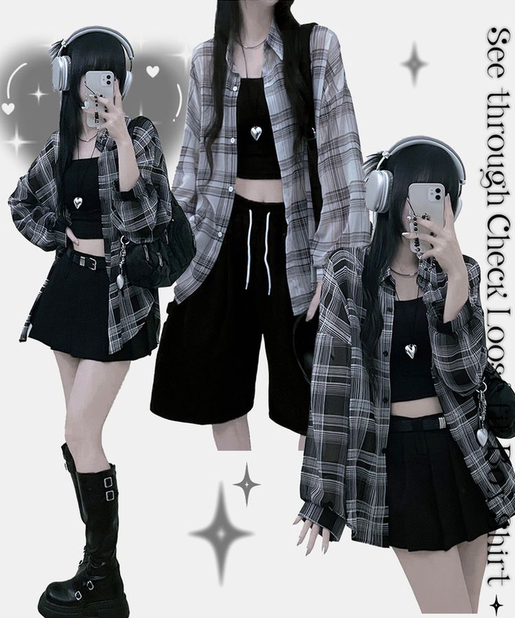 シースルールーズフィットチェックシャツ BLACK
