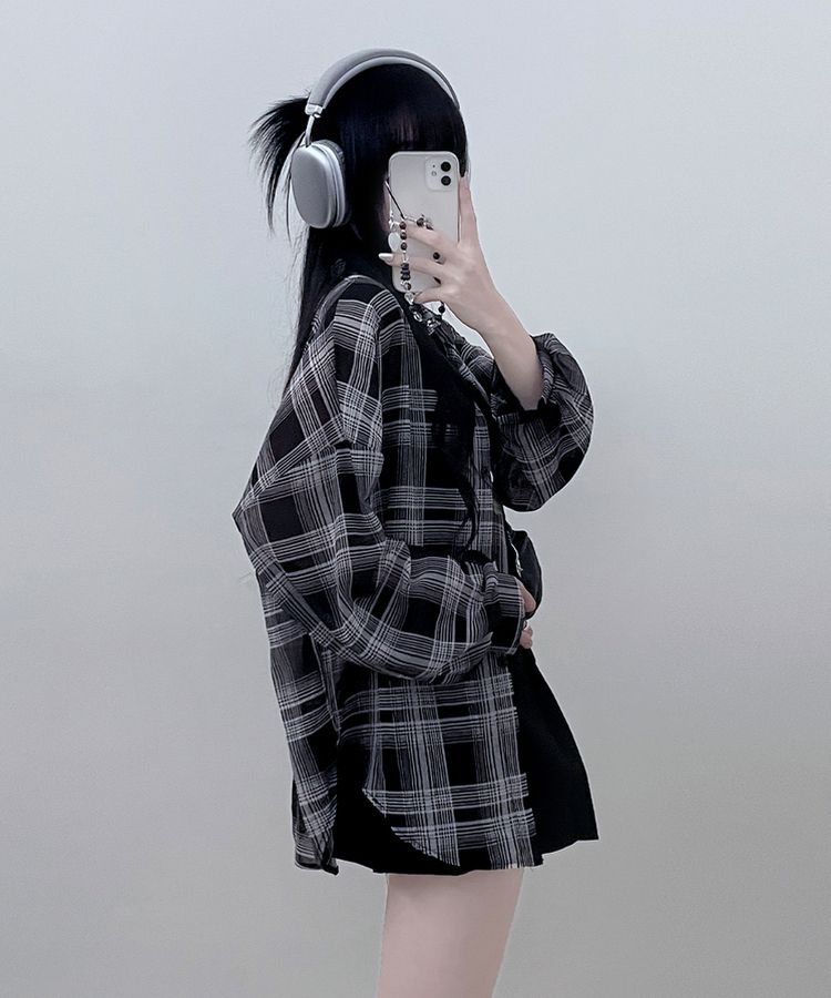 シースルールーズフィットチェックシャツ BLACK