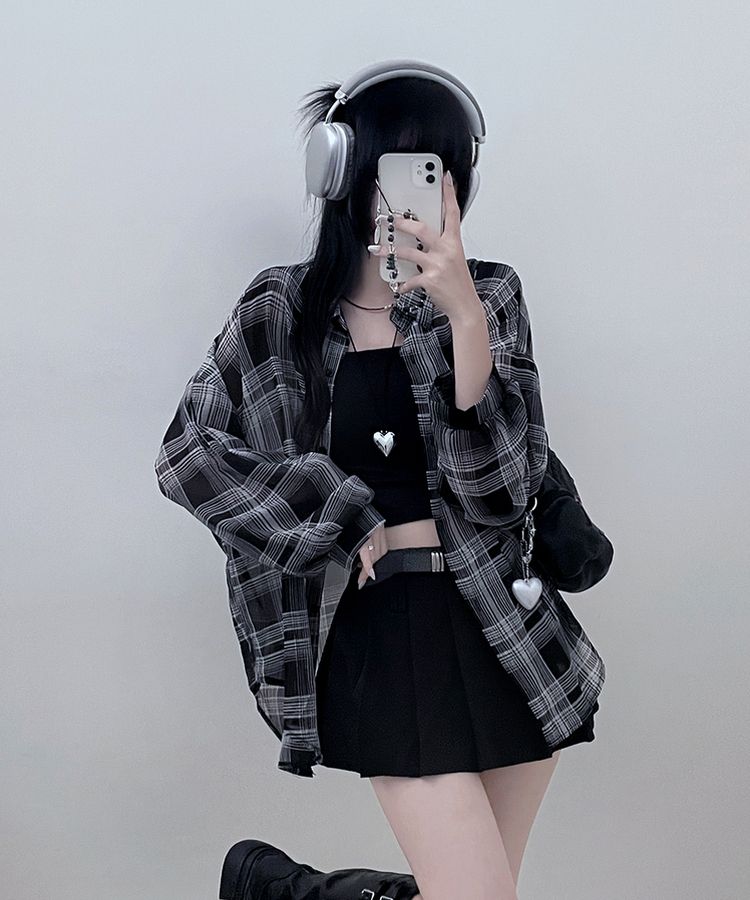 シースルールーズフィットチェックシャツ BLACK