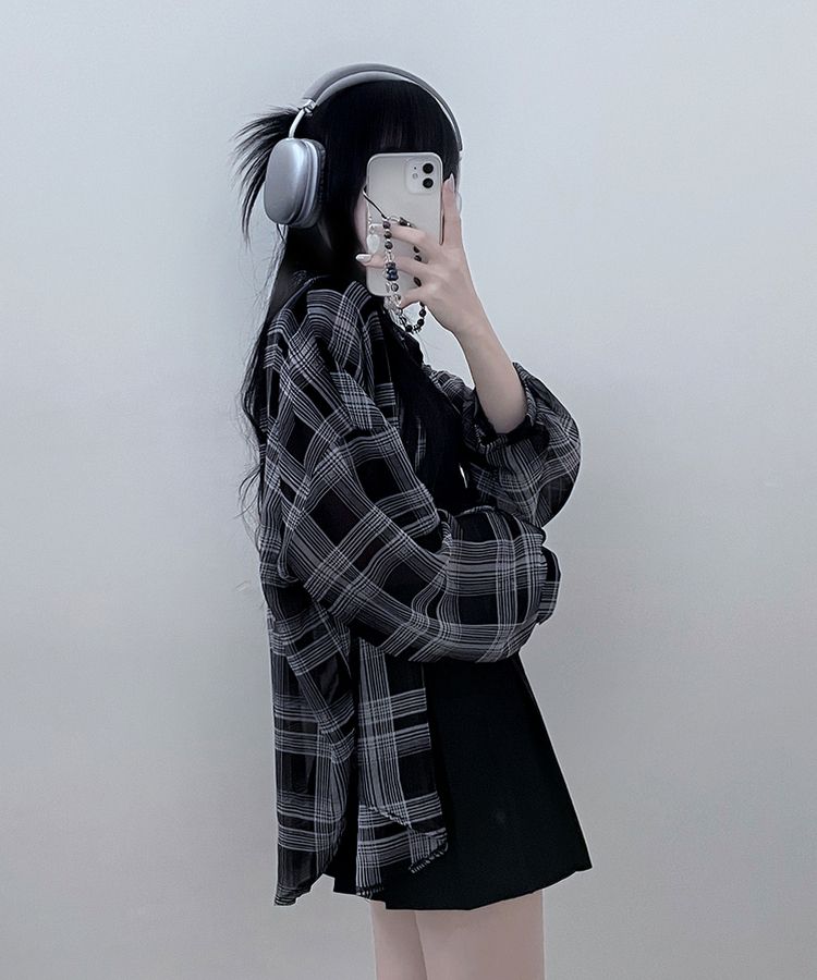 シースルールーズフィットチェックシャツ BLACK