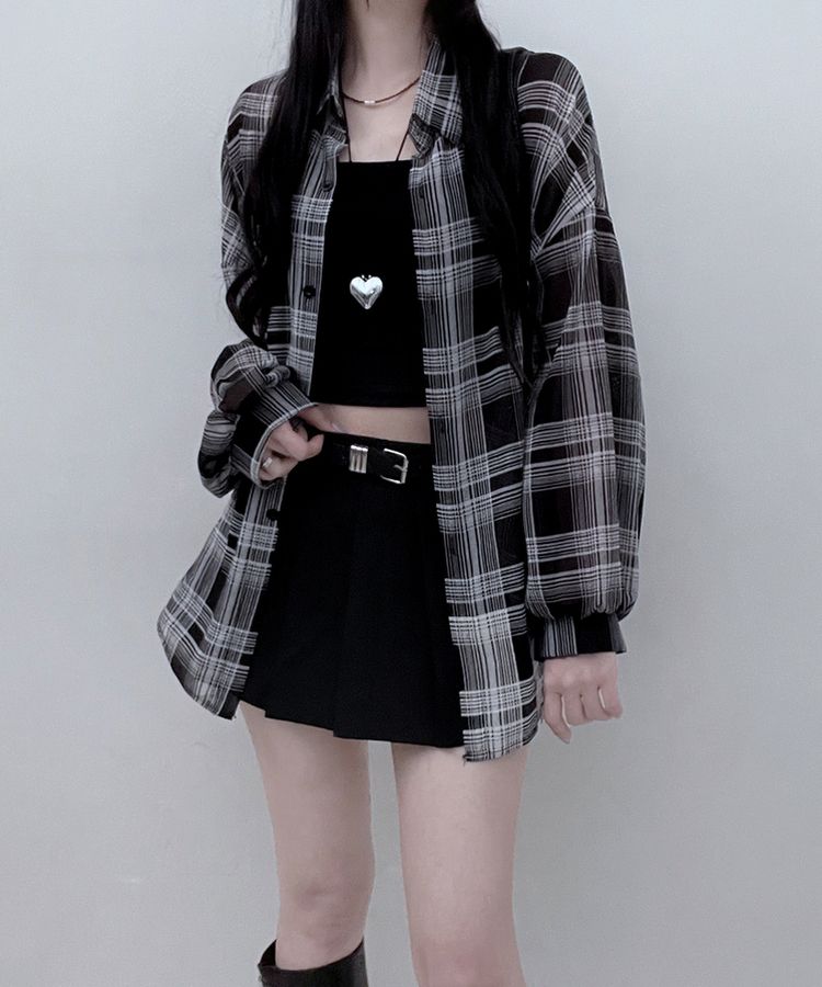 シャツ シースルールーズフィットチェックシャツ BLACK
