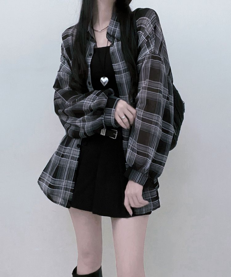 シャツ シースルールーズフィットチェックシャツ BLACK