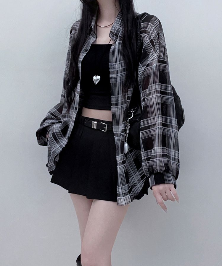 シャツ シースルールーズフィットチェックシャツ BLACK