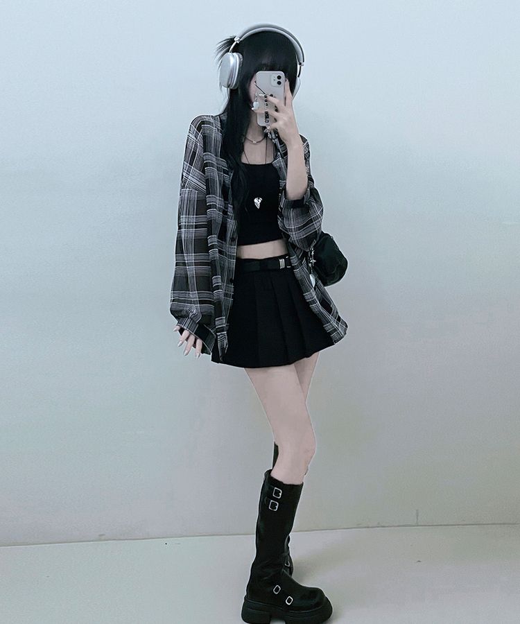 シャツ シースルールーズフィットチェックシャツ BLACK