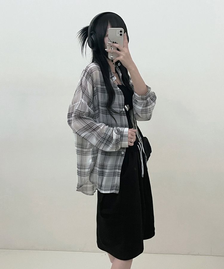 シャツ シースルールーズフィットチェックシャツ WHITE