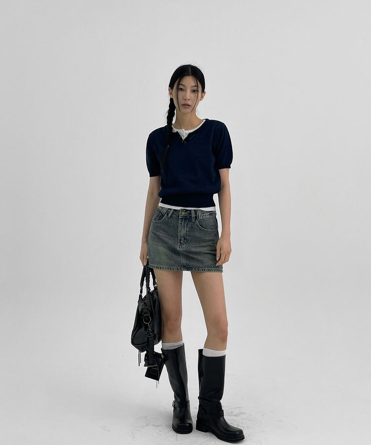 ウォッシングデニムミニスカートパンツ DARK BLUE